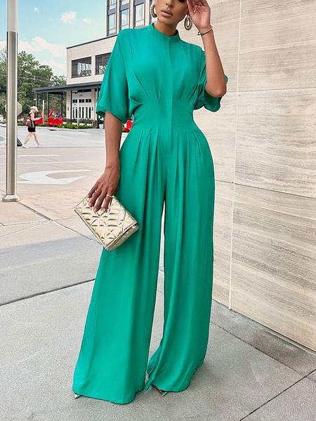 

Casual Ruched Plain Shirt Jumpsuit, As picture, Jumpsuits