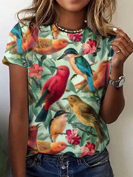 

Vintage Animal Crew Neck Short Sleeve T-shirt, Lightgreen, T-shirts