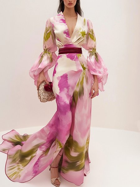 

Elegant Ruffle Sleeve Printing V Neck Maxi Dress, As picture, Maxi Dresses