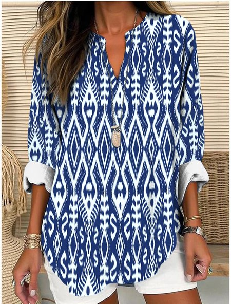 

V Neck Long Sleeve Geometric Regular Micro-Elasticity Regular Fit Shirt For Women, Blue, Shirts