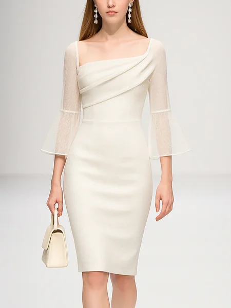 

Elegant Plain Mesh Square Neck Knee Length Dress, White, Midi Dresses
