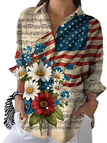 

Shirt Collar Long Sleeve Floral Regular Micro-Elasticity Regular Fit Shirt For Women, As picture, Shirts
