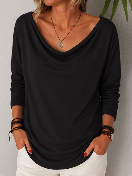 

Casual Plain V Neck Long Sleeve T-shirt, Black, T-shirts