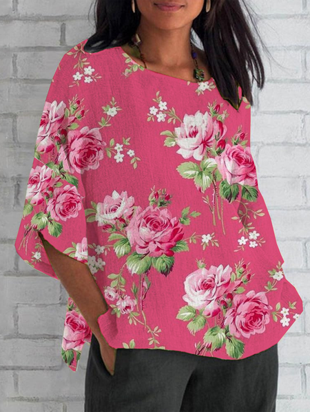 

Women Floral Half Sleeve Tee T-shirt Crew Neck Casual Summer Top, Pink, T-Shirts