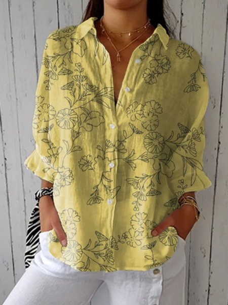 

Shirt Collar Long Sleeve Floral Regular Micro-Elasticity Regular Fit Shirt For Women, Yellow, Shirts