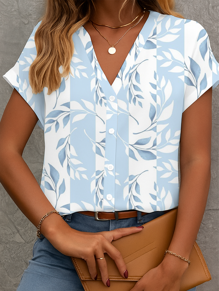 

Women Floral Short Sleeve Shirt Summer Printing V Neck Daily Casual Top, Blue, Shirts