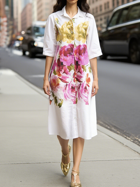 

Casual Floral Printing Shirt Dress, As picture, Midi Dresses