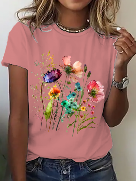 

Casual Floral Crew Neck Short Sleeve T-shirt, Orange pink, T-shirts