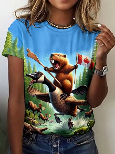 

Vintage Animal Crew Neck Short Sleeve T-shirt, Sky blue, T-shirts
