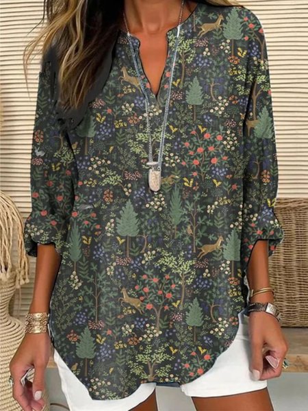 

Women's Casual Forest Animal Plant Flower Cotton And Linen Shirt, Deep green, Blouses