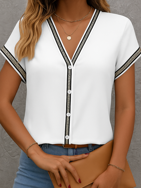 

Women Abstract Short Sleeve Shirt Summer Printing V Neck Daily Casual Top, White, Shirts