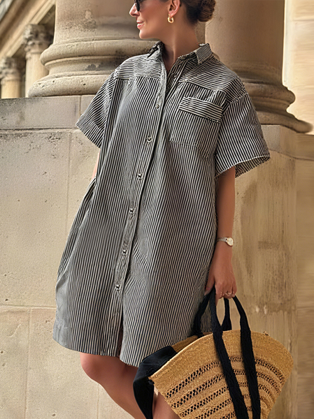 

Casual Striped Buttoned Shirt Collar Knee Length Dress, As picture, Midi Dresses