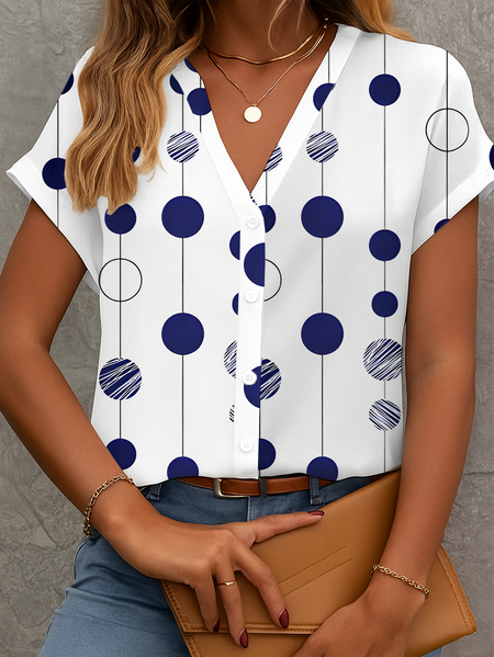 

Women Polka Dots Short Sleeve Shirt Summer Printing V Neck Daily Casual Top, White, Shirts