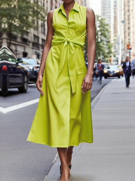 

Urban Plain Maxi Shirt Dress Belt, As picture, Midi Dresses
