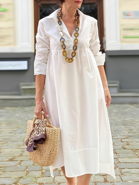 

Urban Plain Buttoned Shirt Collar Midi Dress, White, Midi Dresses