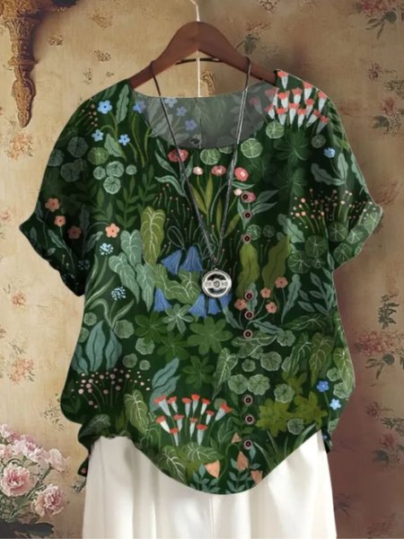 

Crew Neck Short Sleeve Floral Regular Micro-Elasticity Regular Fit Blouse For Women, Darkgreen, Blouses