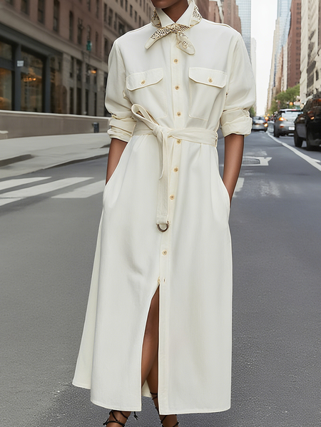 

Casual Plain Buttoned Midi Dress With Belt, White, Midi Dresses