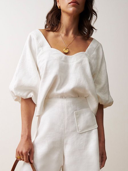 

Linen Blend Casual Plain Square Neck Raglan Sleeve Blouse, Off white, Blouses and Shirts