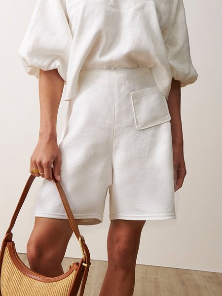 

Linen blend Casual Plain Wide Leg Pants Shorts, Off white, Shorts