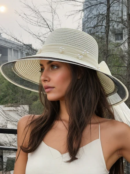 

Beach UV protection straw hat mesh pearl sun protection sun hat, Off white, Hats