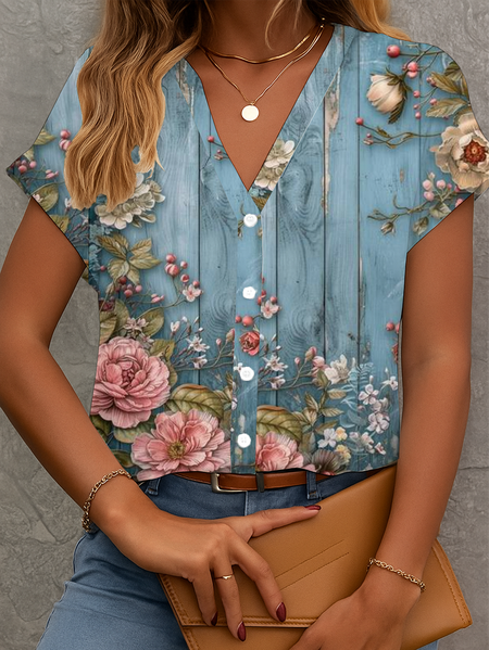 

Women Floral Short Sleeve Shirt Summer Printing V Neck Daily Casual Top, Blue, Shirts