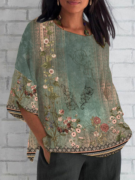 

Women Floral Half Sleeve Tee T-shirt Crew Neck Casual Summer Top, Green, T-Shirts
