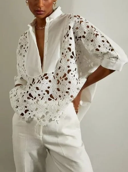 

Cotton Elegant Floral Lace Blouse, White, Blouses and Shirts