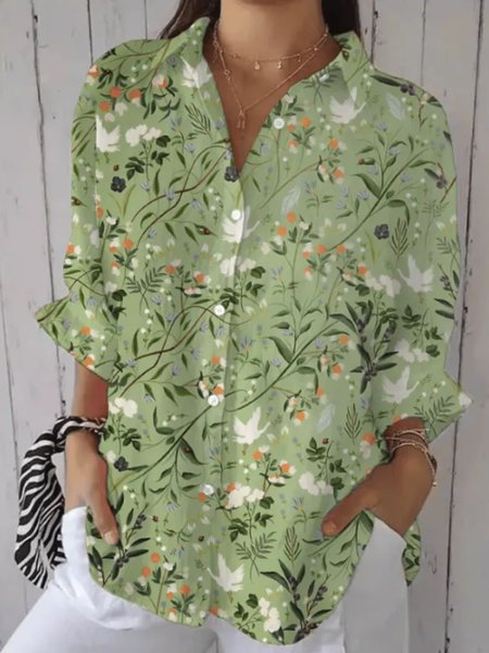 

Women's Forest Floral Print Casual Lapel Comfy Shirt, Green, Shirts