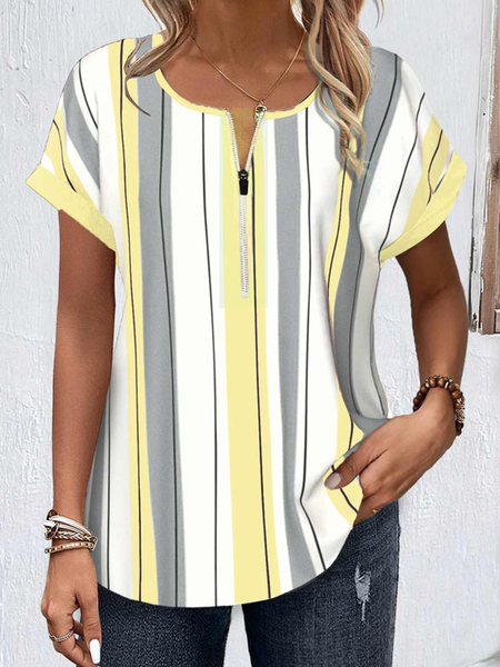 

Square Neck Half Sleeve Striped Regular Loose Blouse For Women, Yellow, T-shirts