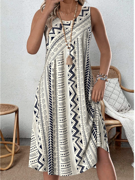 

Women Geometric Summer Dress Crew Neck Sleeveless Tank A-Line Dress, As picture, Dresses