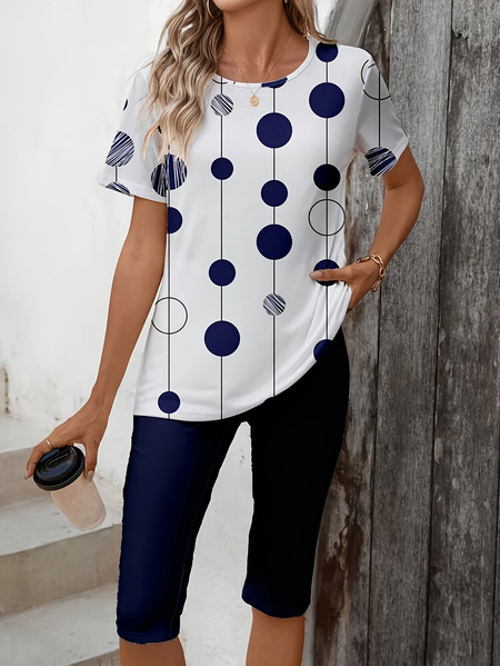 

Women Polka Dots Printing Two-Piece Set Daily Short Sleeve Casual Summer Top With Pants Matching Set, Purplish blue, Suit Set