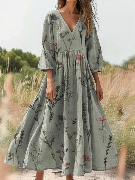 

Women Floral Summer Dress Crew Neck Half Sleeve H-Line Dress, As picture, Dresses