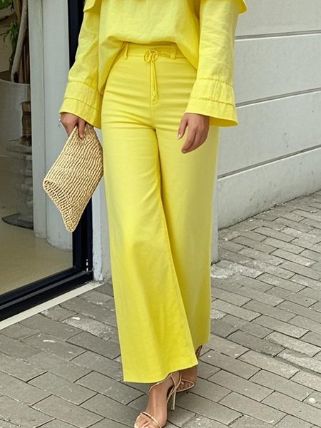 

Linen blend Casual Plain Wide Leg Pants, Yellow, Pants