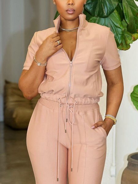 

Casual Plain Zipper Stand Collar Blouse, Nudepink, Blouses and Shirts