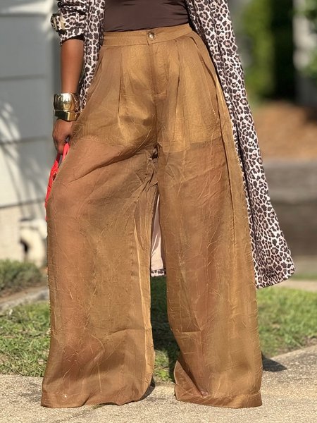 

Casual Plain Wide Leg Pants, Yellow brown, Pants