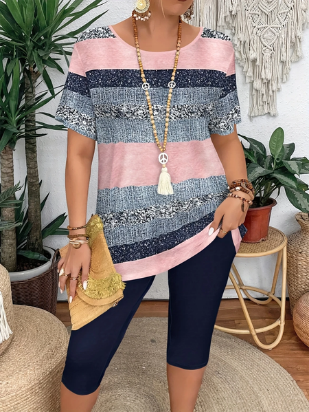 

Women Abstract Printing Two-Piece Set Daily Short Sleeve Casual Summer Top With Pants Matching Set, As picture, Suit Set