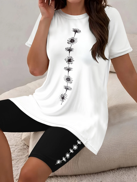

Women Floral Printing Two-Piece Set Daily Short Sleeve Casual Summer Top With Pants Matching Set, Black-white, Suit Set
