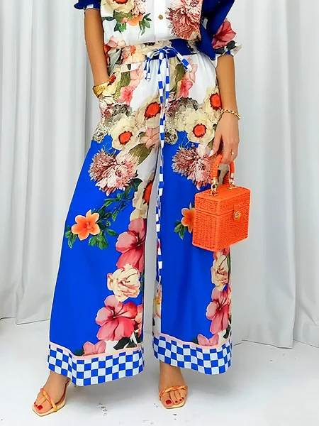 

Vacation Floral Printing Straight Pants, As picture, Pants