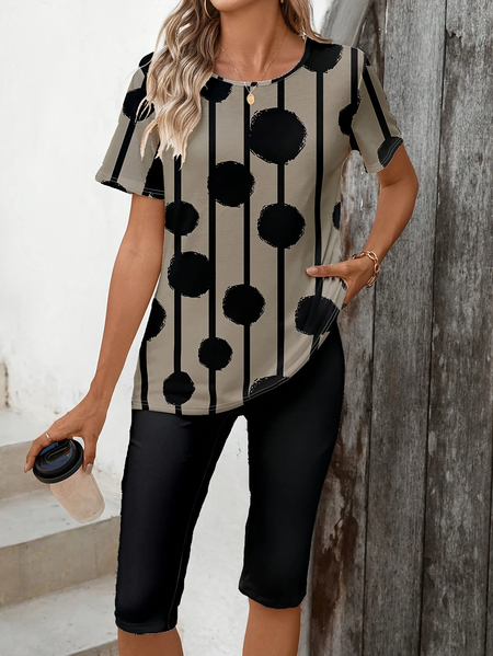 

Women Polka Dots Printing Two-Piece Set Daily Short Sleeve Casual Summer Top With Pants Matching Set, Black, Suit Set