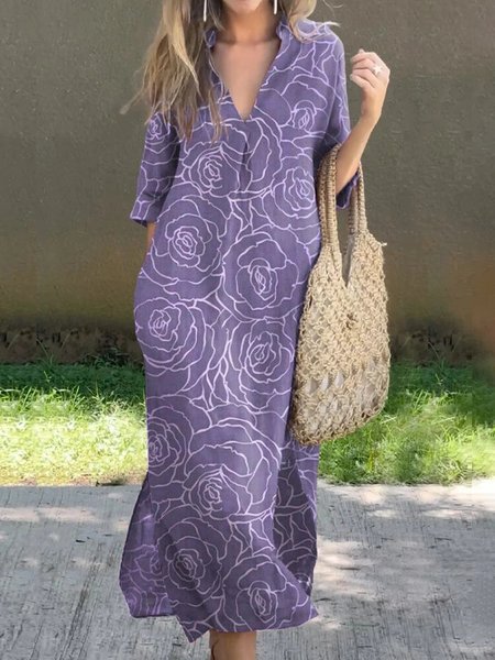

Casual Floral Printing V Neck Maxi Dress, Purple, Maxi Dresses
