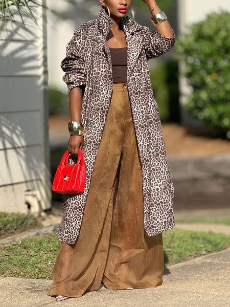 

Casual Printing Leopard Lapel Collar Trench Coat, Trench Coats