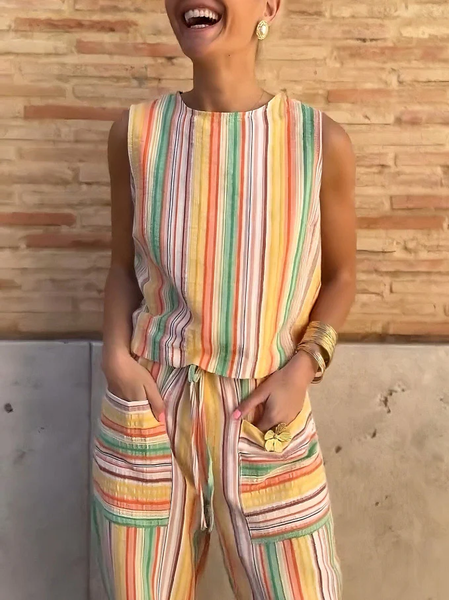 

Vacation Striped Printing Crew Neck Tank Top, As picture, Tanks and Camis