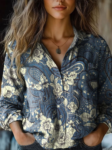 Shawl Collar Long Sleeve Paisley Regular Micro-Elasticity Loose Shirt For Women