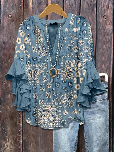 

Women Floral Half Sleeve Shirt Summer Printing V Neck Daily Casual Top, Blue, Shirts