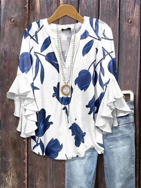 

Women Floral Half Sleeve Shirt Summer Printing V Neck Daily Casual Top, White, Shirts