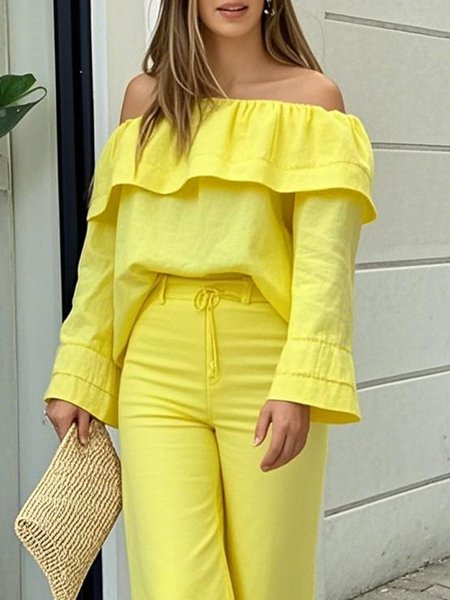 

Linen Blend Casual Plain Peplum Off Shoulder Sleeve Blouse, Yellow, Blouses and Shirts