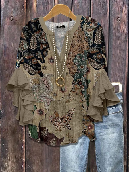 

Women Floral Half Sleeve Shirt Summer Printing V Neck Daily Casual Top, Brown, Shirts
