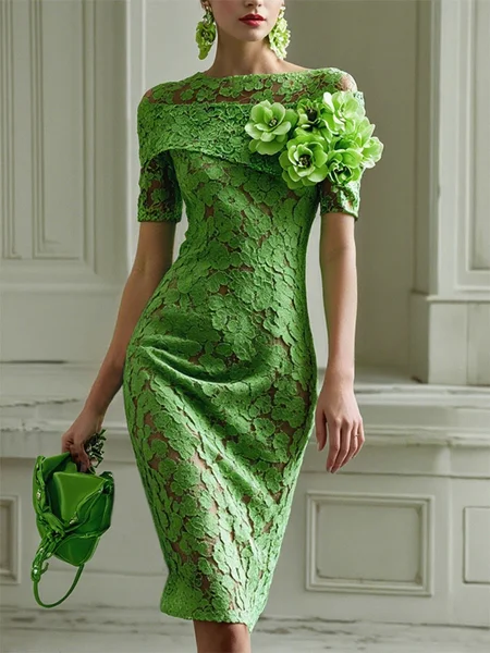 

Lace Elegant 3D Floral Boat Neck Knee Length Party Dress, Green, Midi Dresses