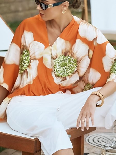 

Urban Floral Printing V Neck Blouse, Orange, Blouses and Shirts
