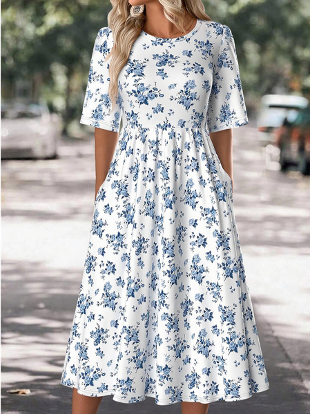 

Women Floral Summer Dress Crew Neck Half Sleeve A-Line Dress, Blue, Dresses